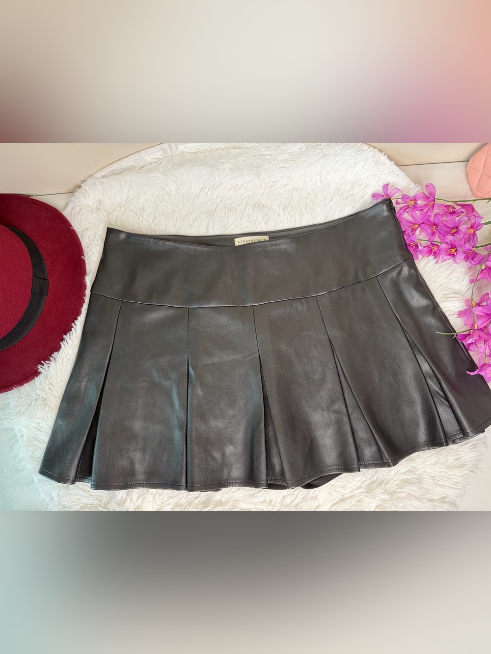 Aeropostale Black Faux Leather Pleated Mini Skirt